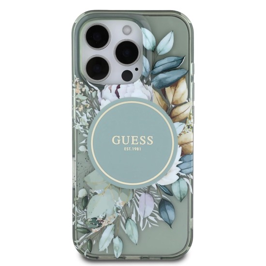 Husa pentru iPhone 16 Pro Max - Guess IML Flower & Tonal Circle MagSafe (GUHMP16XHFWBDCEN) - Green