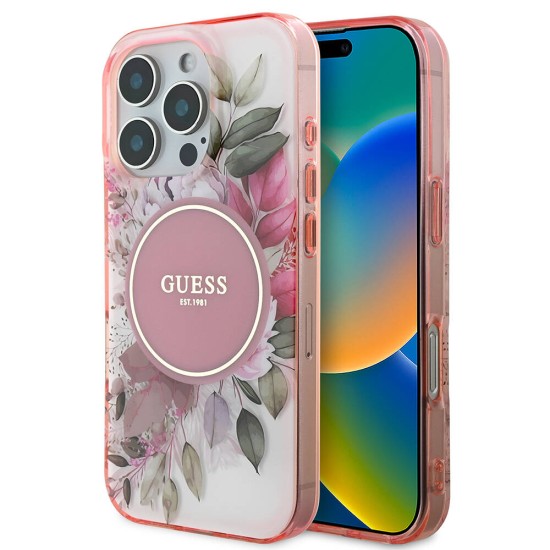 Husa pentru iPhone 16 Pro Max - Guess IML Flower & Tonal Circle MagSafe (GUHMP16XHFWBDCEP) - Pink