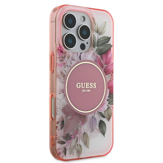 Husa pentru iPhone 16 Pro Max - Guess IML Flower & Tonal Circle MagSafe (GUHMP16XHFWBDCEP) - Pink