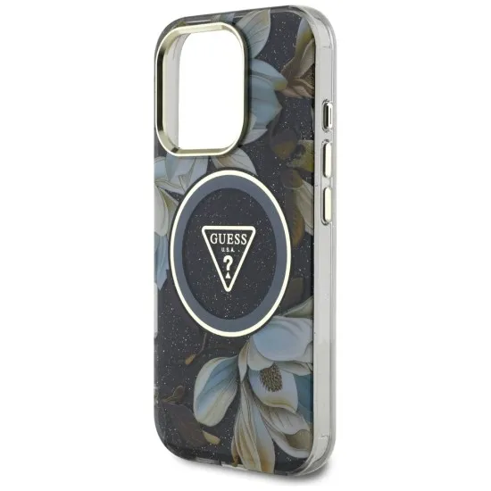 Husa pentru iPhone 16 Pro Max - Guess IML Metal Glitter Flowers Triangle MagSafe (GUHMP16XHFLPEDK) - Black Husa pentru iPhone 16 Pro Max - Guess IML Metal Glitter Flowers Triangle MagSafe (GUHMP16XHFLPEDK) - Black