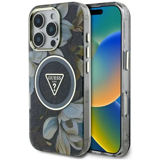 Husa pentru iPhone 16 Pro Max - Guess IML Metal Glitter Flowers Triangle MagSafe (GUHMP16XHFLPEDK) - Black Husa pentru iPhone 16 Pro Max - Guess IML Metal Glitter Flowers Triangle MagSafe (GUHMP16XHFLPEDK) - Black