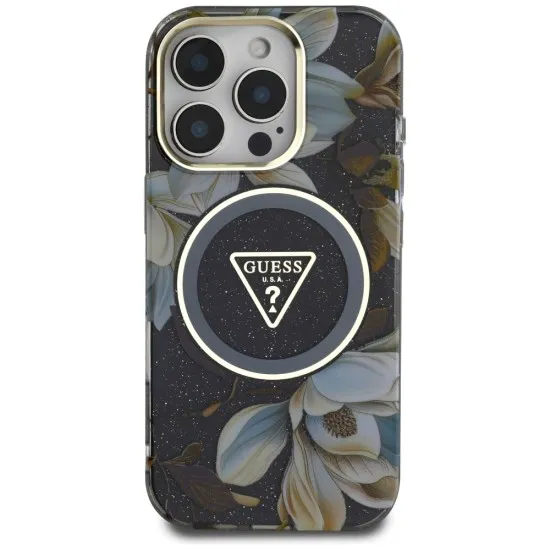 Husa pentru iPhone 16 Pro Max - Guess IML Metal Glitter Flowers Triangle MagSafe (GUHMP16XHFLPEDK) - Black Husa pentru iPhone 16 Pro Max - Guess IML Metal Glitter Flowers Triangle MagSafe (GUHMP16XHFLPEDK) - Black