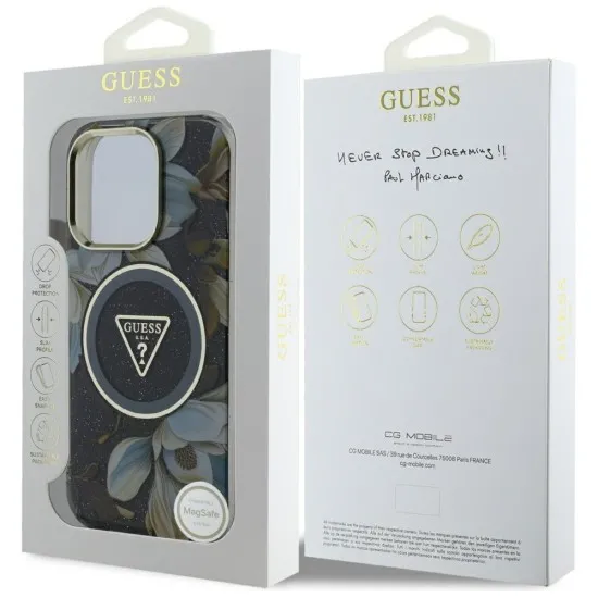 Husa pentru iPhone 16 Pro Max - Guess IML Metal Glitter Flowers Triangle MagSafe (GUHMP16XHFLPEDK) - Black Husa pentru iPhone 16 Pro Max - Guess IML Metal Glitter Flowers Triangle MagSafe (GUHMP16XHFLPEDK) - Black