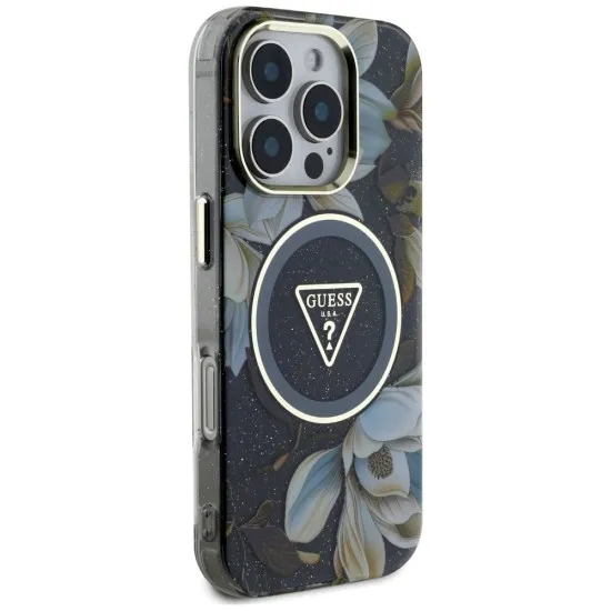 Husa pentru iPhone 16 Pro Max - Guess IML Metal Glitter Flowers Triangle MagSafe (GUHMP16XHFLPEDK) - Black Husa pentru iPhone 16 Pro Max - Guess IML Metal Glitter Flowers Triangle MagSafe (GUHMP16XHFLPEDK) - Black