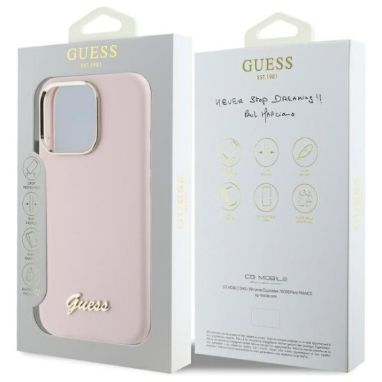 Husa pentru iPhone 16 Pro Max - Guess Silicone Script Metal Logo & Frame (GUHCP16XSMBSLP) - Light Pink