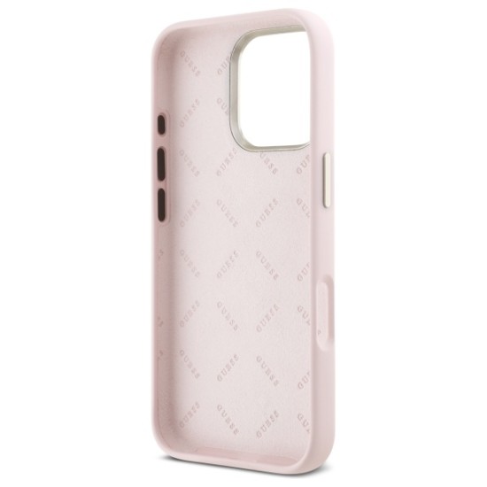 Husa pentru iPhone 16 Pro Max - Guess Silicone Script Metal Logo & Frame (GUHCP16XSMBSLP) - Light Pink