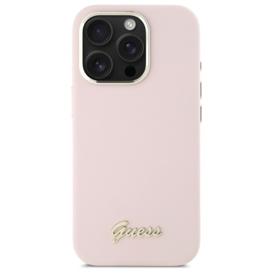 Husa pentru iPhone 16 Pro Max - Guess Silicone Script Metal Logo & Frame (GUHCP16XSMBSLP) - Light Pink