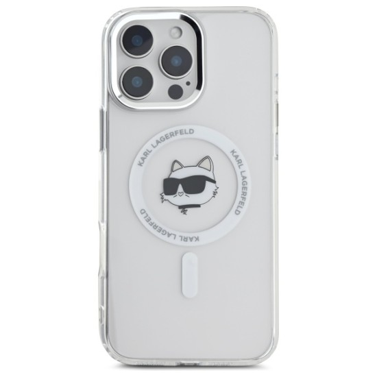 Husa pentru iPhone 16 Pro Max - Karl Lagerfeld IML MagSafe (KLHMP16XHLSCHH) - White Metal Choupette`s Head