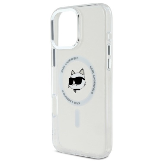 Husa pentru iPhone 16 Pro Max - Karl Lagerfeld IML MagSafe (KLHMP16XHLSCHH) - White Metal Choupette`s Head