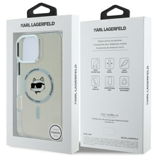 Husa pentru iPhone 16 Pro Max - Karl Lagerfeld IML MagSafe (KLHMP16XHLSCHH) - White Metal Choupette`s Head