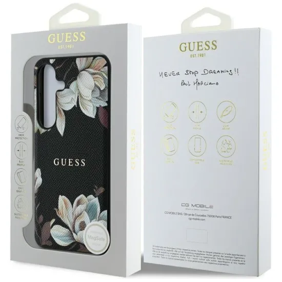 Husa pentru Samsung Galaxy S25 - Guess Grained Flowers MagSafe (GUHMS25SPGNMPLMK) - Black Husa pentru Samsung Galaxy S25 - Guess Grained Flowers MagSafe (GUHMS25SPGNMPLMK) - Black