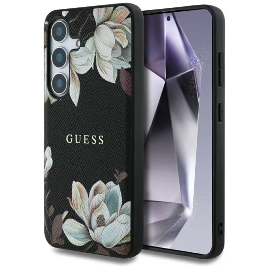 Husa pentru Samsung Galaxy S25 - Guess Grained Flowers MagSafe (GUHMS25SPGNMPLMK) - Black Husa pentru Samsung Galaxy S25 - Guess Grained Flowers MagSafe (GUHMS25SPGNMPLMK) - Black
