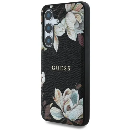 Husa pentru Samsung Galaxy S25 - Guess Grained Flowers MagSafe (GUHMS25SPGNMPLMK) - Black Husa pentru Samsung Galaxy S25 - Guess Grained Flowers MagSafe (GUHMS25SPGNMPLMK) - Black