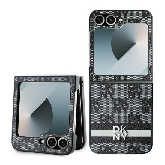 Husa Samsung Galaxy Z Flip6 - DKNY Leather Chequered Pattern Printed Stripes (DKHCZF6PCPTSSK) - Black