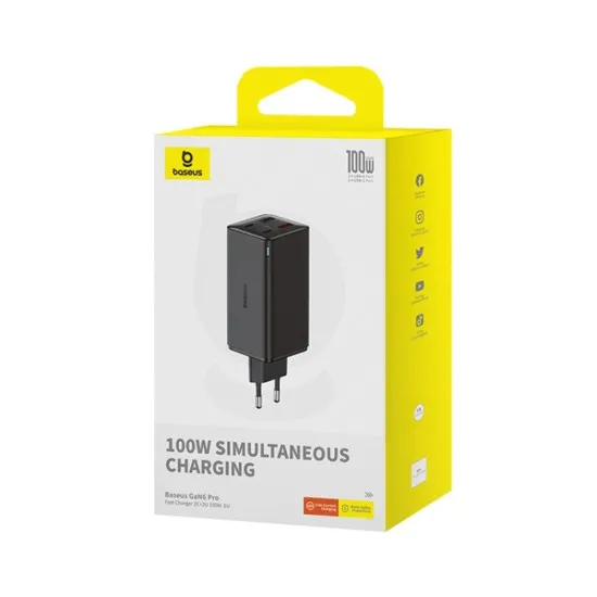 Incarcator 2x USB, 2x Type-C, 100W + Cablu Type-C, 100W, 20V, 5A, 1m - Baseus GaN6 Pro (P10162705112-00) - Black Incarcator 2x USB, 2x Type-C, 100W + Cablu Type-C, 100W, 20V, 5A, 1m - Baseus GaN6 Pro (P10162705112-00) - Black