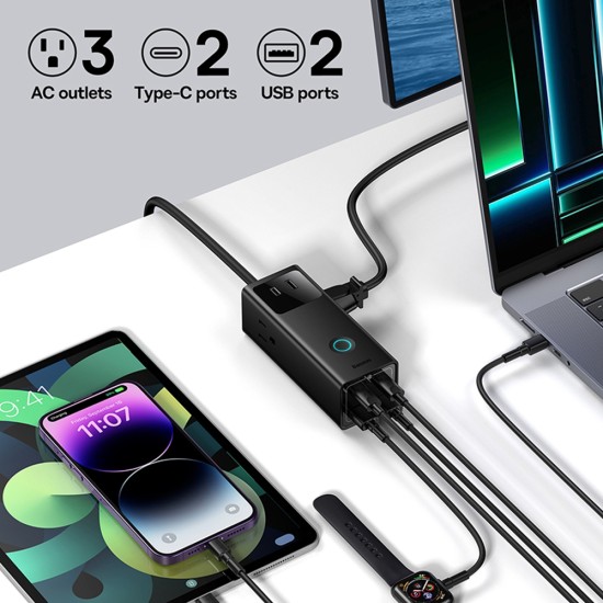 Incarcator 3xAC, 2xUSB, 2x Type-C, 65W, Cablu 100W - Baseus (PSLA020101) - Black Incarcator 3xAC, 2xUSB, 2x Type-C, 65W, Cablu 100W - Baseus (PSLA020101) - Black