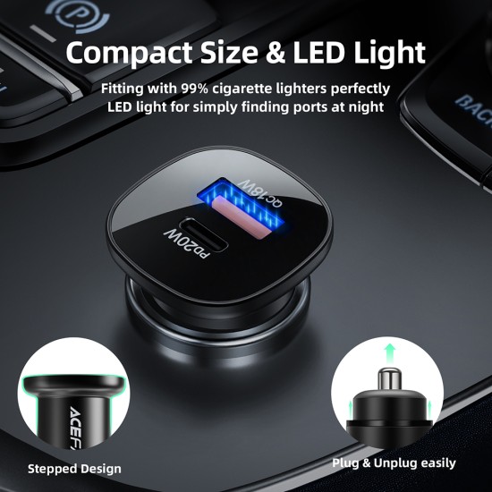 Incarcator Auto Type-C, USB, 38W, Dual-Port, Fast Charging, Lumina LED - Acefast (B1) - Black Incarcator Auto Type-C, USB, 38W, Dual-Port, Fast Charging, Lumina LED - Acefast (B1) - Black