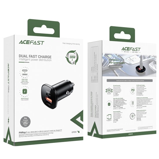 Incarcator Auto Type-C, USB, 38W, Dual-Port, Fast Charging, Lumina LED - Acefast (B1) - Black Incarcator Auto Type-C, USB, 38W, Dual-Port, Fast Charging, Lumina LED - Acefast (B1) - Black