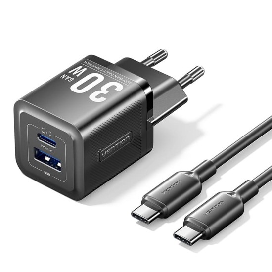 Incarcator EU, GaN, Type-C, USB, PD30W, Fast Charging - Vention (TZ-FEQB0-EU-01) - Black Incarcator EU, GaN, Type-C, USB, PD30W, Fast Charging - Vention (TZ-FEQB0-EU-01) - Black