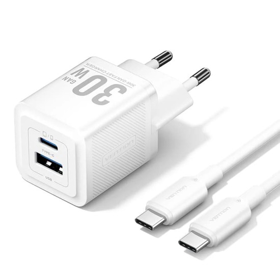 Incarcator EU, GaN, Type-C, USB, PD30W, Fast Charging - Vention (TZ-FEQW0-EU-01) - White Incarcator EU, GaN, Type-C, USB, PD30W, Fast Charging - Vention (TZ-FEQW0-EU-01) - White