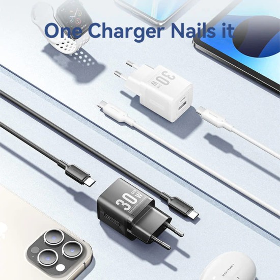 Incarcator EU, GaN, Type-C, USB, PD30W, Fast Charging - Vention (TZ-FEQW0-EU-01) - White Incarcator EU, GaN, Type-C, USB, PD30W, Fast Charging - Vention (TZ-FEQW0-EU-01) - White