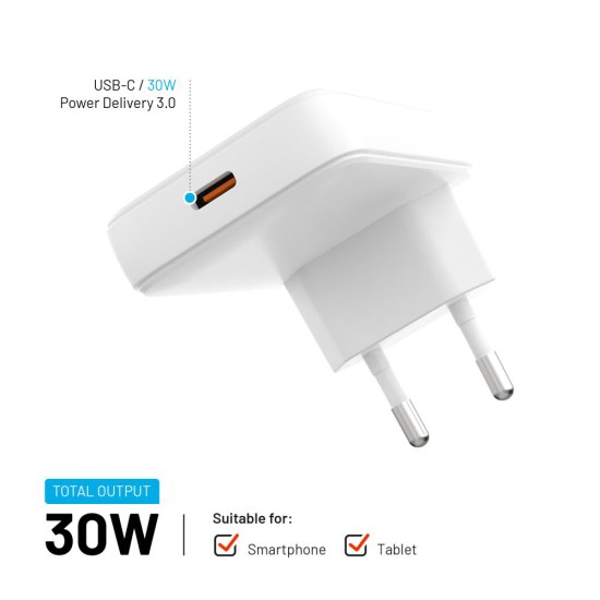 Incarcator EU, Type-C, 30W - Fixed Slim (FIXCG30S-C-WH) - White Incarcator EU, Type-C, 30W - Fixed Slim (FIXCG30S-C-WH) - White