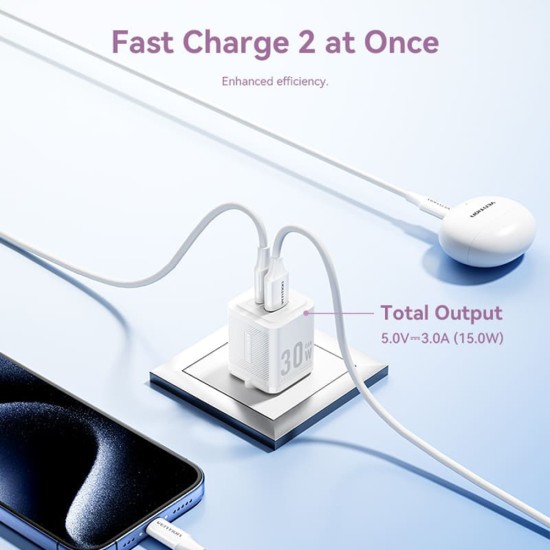 Incarcator GaN, Type-C, USB, PD30W, Dual Fast Charging - Vention (FEQW0-EU) - White Incarcator GaN, Type-C, USB, PD30W, Dual Fast Charging - Vention (FEQW0-EU) - White