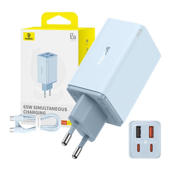 Incarcator pentru Priza 2x USB, 2x Type-C, 65W + Cablu Type-C la Type-C - Baseus (P10162701313-00) - Blue Incarcator pentru Priza 2x USB, 2x Type-C, 65W + Cablu Type-C la Type-C - Baseus (P10162701313-00) - Blue