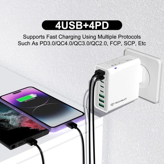 Incarcator Priza  4 x USB, 4 X Type-C, Fast Charging, 65W - Techsuit (CHPD224) - White