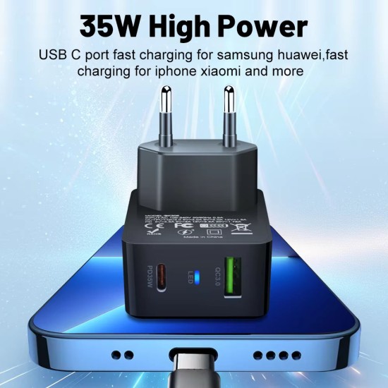 Incarcator Priza GaN, USB, Type-C, 35W - Techsuit (CHPD173) - Black Incarcator Priza GaN, USB, Type-C, 35W - Techsuit (CHPD173) - Black