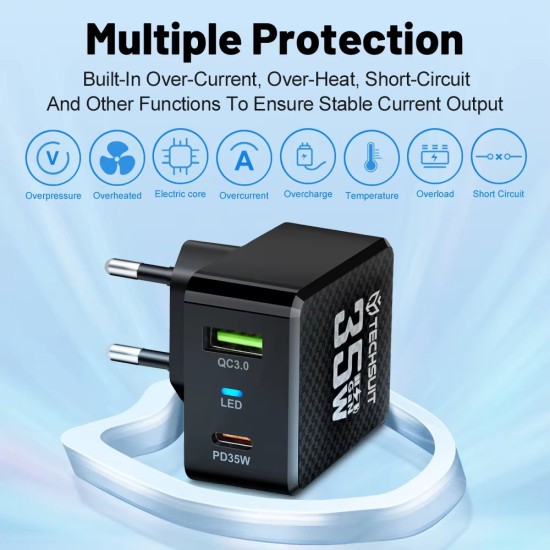 Incarcator Priza GaN, USB, Type-C, 35W - Techsuit (CHPD173) - Black Incarcator Priza GaN, USB, Type-C, 35W - Techsuit (CHPD173) - Black