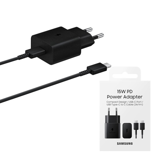 Incarcator Priza Type-C 15W, Fast Charging, Cablu Type-C la Type-C - Samsung (EP-T1510XBEGEU) - Black (Blister Packing) Incarcator Priza Type-C 15W, Fast Charging, Cablu Type-C la Type-C - Samsung (EP-T1510XBEGEU) - Black (Blister Packing)