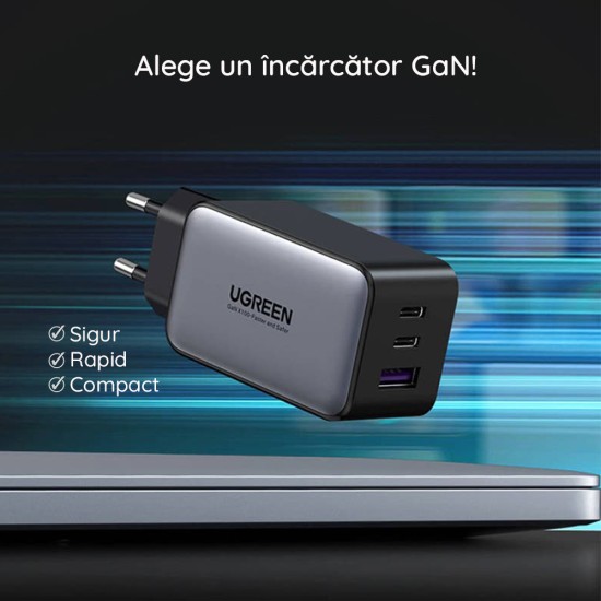 Incarcator Priza USB-A QC 3.0, 2xUSB-C PD GaN 65W, 3.25A - Ugreen Nexode (15334) - White