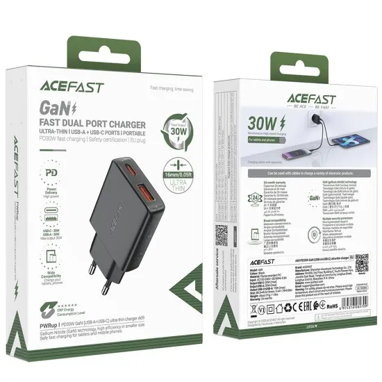 Incarcator Type-C, USB, pentru Priza, PD30W, GaN - Acefast (A69) - Black Incarcator Type-C, USB, pentru Priza, PD30W, GaN - Acefast (A69) - Black
