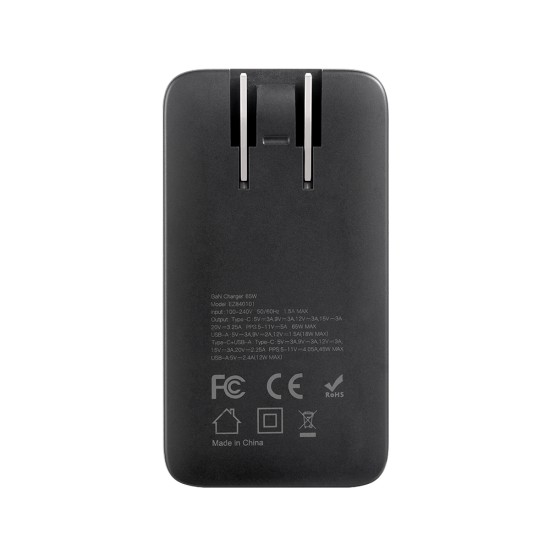 Incarcator US cu adaptor EU/UK, GaN, Type-C, USB, 65W - Edizard (EZ840101) - Black Incarcator US cu adaptor EU/UK, GaN, Type-C, USB, 65W - Edizard (EZ840101) - Black