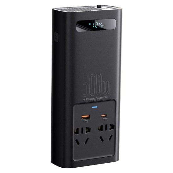 Invertor pentru Masina USB, Type-C, CN/EU, 150W/12V, 500W/220V + Cleme si Cablu 12V - Baseus (CGNB000101) - Black