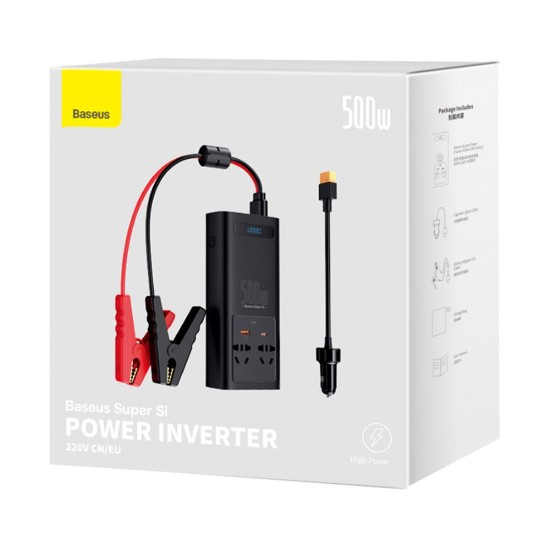 Invertor pentru Masina USB, Type-C, CN/EU, 150W/12V, 500W/220V + Cleme si Cablu 12V - Baseus (CGNB000101) - Black
