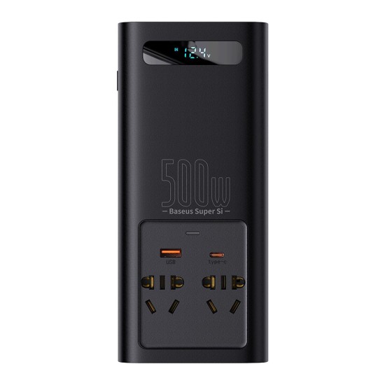 Invertor pentru Masina USB, Type-C, CN/EU, 150W/12V, 500W/220V + Cleme si Cablu 12V - Baseus (CGNB000101) - Black