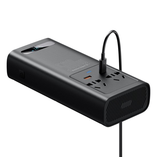 Invertor pentru Masina USB, Type-C, CN/EU, 150W/12V, 500W/220V + Cleme si Cablu 12V - Baseus (CGNB000101) - Black
