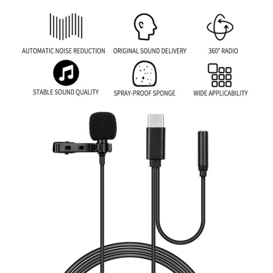 Micofon tip Lavaliera Type-C, Jack Female 3.5mm, Noise Reduction - Techsuit (WL2) - Black