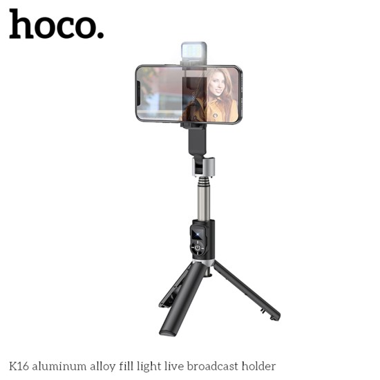 Selfie Stick Bluetooth cu Telecomanda, Lumini LED si Trepied, 80cm - Hoco (K16) - Black