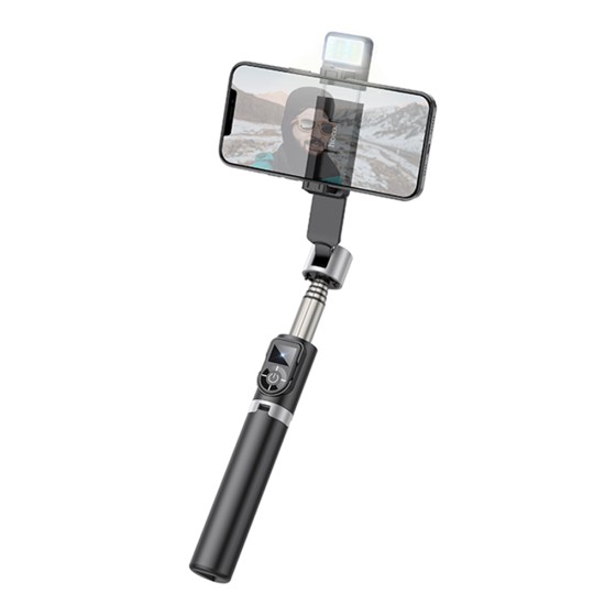 Selfie Stick Bluetooth cu Telecomanda, Lumini LED si Trepied, 80cm - Hoco (K16) - Black