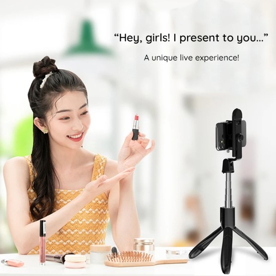 Selfie Stick cu Telecomanda si Lumina LED, Sleep Mode, 70cm - Techsuit (S01-S) - Black