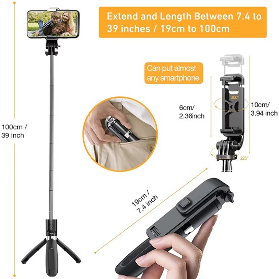 Selfie Stick cu Trepied, Compatibil cu Camera/Telefon, 100cm - Techsuit (L02) - Black