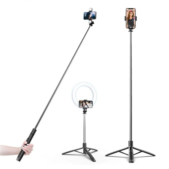 Selfie Stick Stabil cu Trepied, Telecomanda, 158cm - Techsuit (Q05) - Black