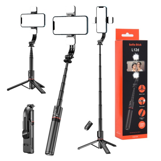 Selfie Stick Stabil Wireless cu Lumina LED Detasabila, 108cm - Techsuit Tripod Mount LED (L12D) - Black