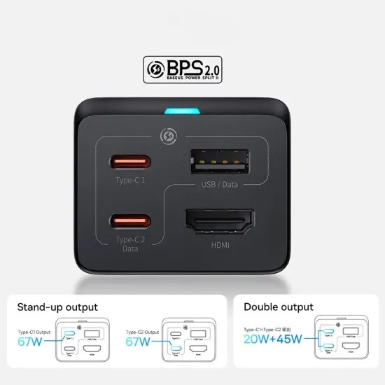 Statie Incarcare HDMI 4K 30Hz, 2x Type-C, USB, 67W, 1.5m + Cablu Type-C, 100W, 40Gbps, 1m - Baseus GaN5 Pro (CCGP110201) - Black
