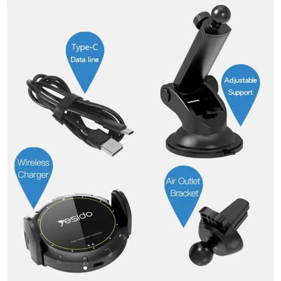 Suport Auto Universal cu Incarcare Wireless 15W - Yesido Extendable Arm (C77) - Black Suport Auto Universal cu Incarcare Wireless 15W - Yesido Extendable Arm (C77) - Black