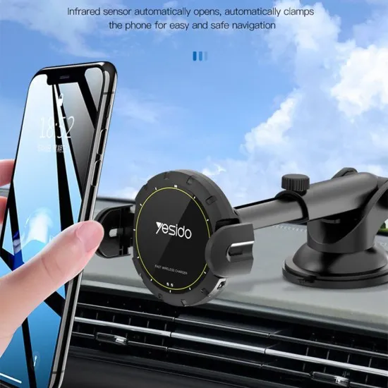 Suport Auto Universal cu Incarcare Wireless 15W - Yesido Extendable Arm (C77) - Black Suport Auto Universal cu Incarcare Wireless 15W - Yesido Extendable Arm (C77) - Black