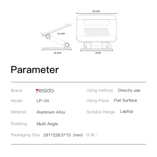 Suport Laptop pentru Birou, Reglabil, din Aluminiu - Yesido (LP04) - Silver